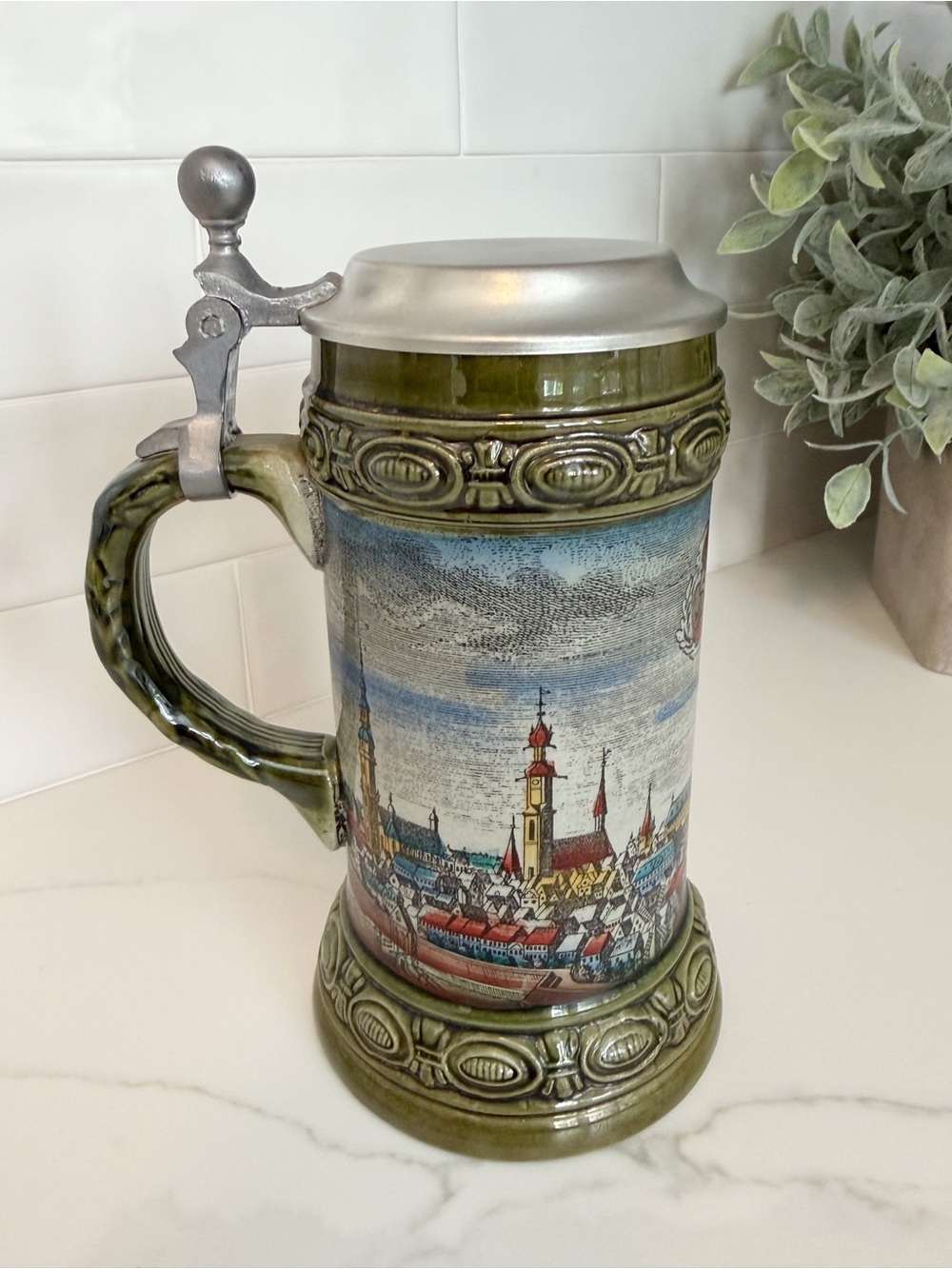 Vintage Western Germany Beer Stein Pewter Lid Hannover Cityscape Ceramic Mug